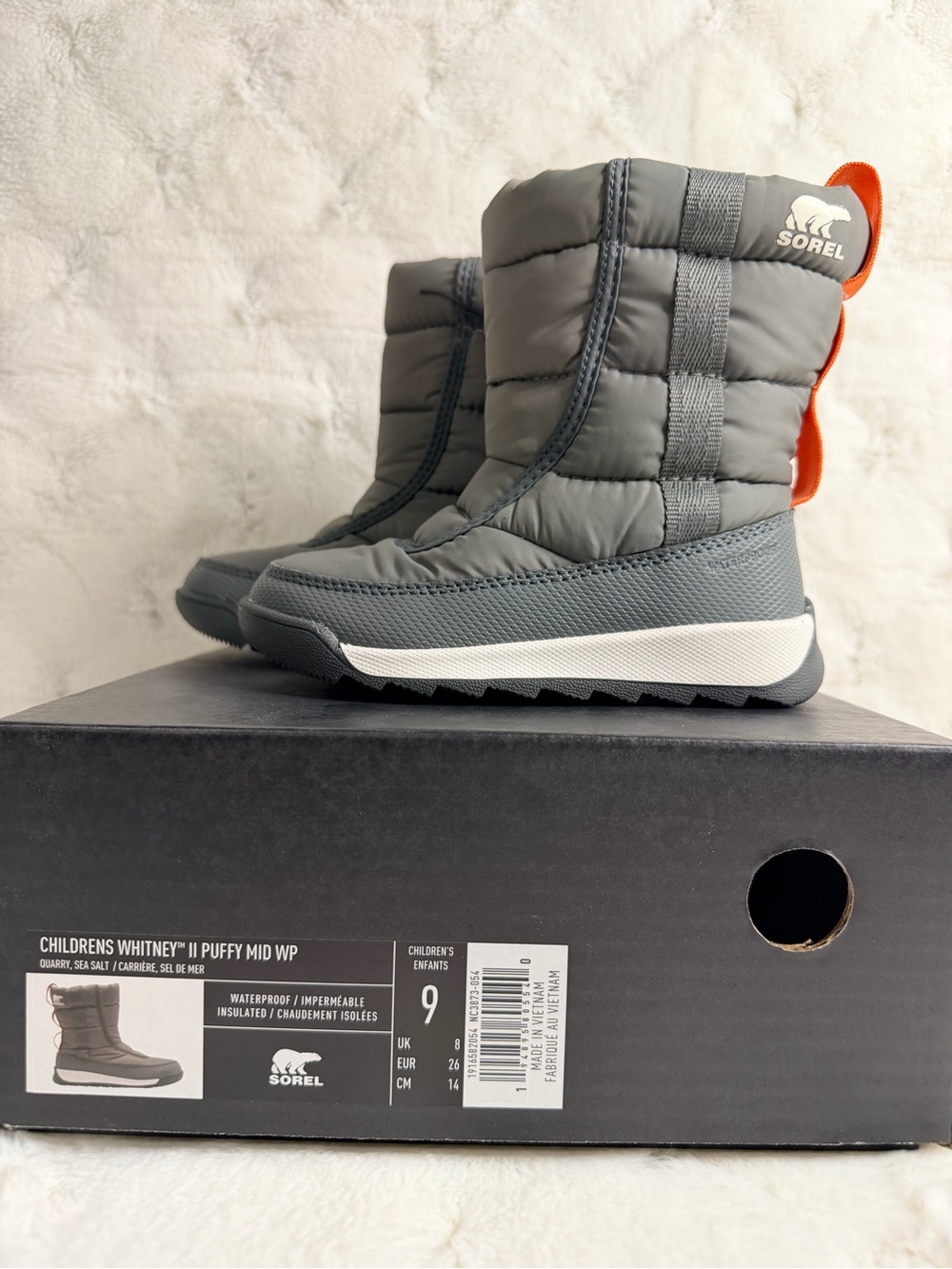 SOREL Kids Whitney II Puffy Mid Waterproof Boots Gray Size 9 NIB